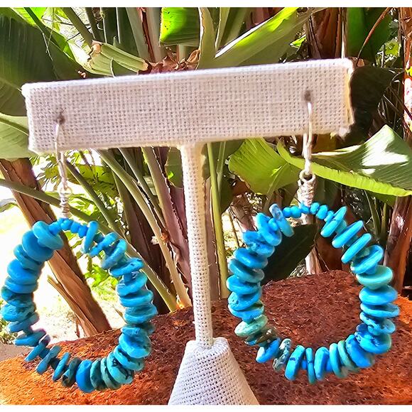 Sleeping Beauty Turquoise Sterling Silver Artisan Hoop Earrings - Picture 7 of 8